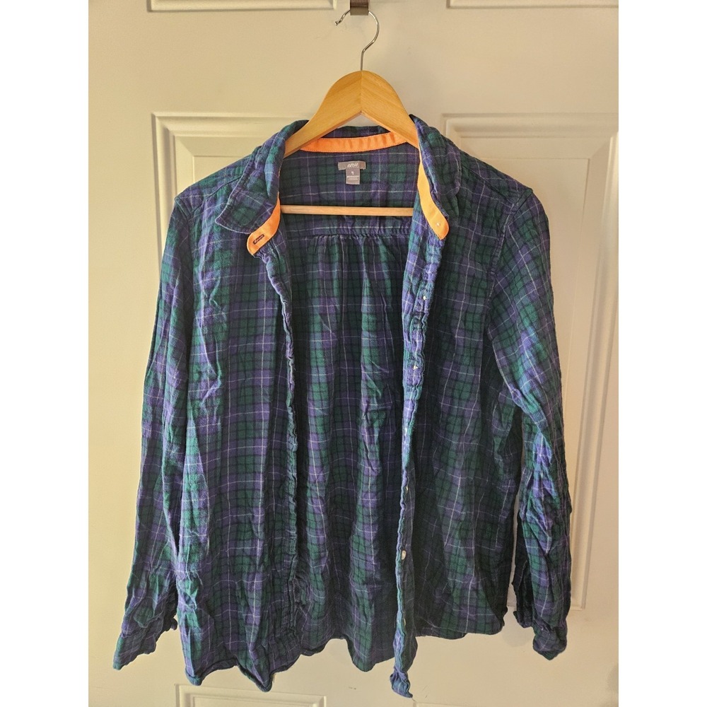 Aerie Plaid Flannel Button Front Shirt Womens XL Blue Green Orange Trim Soft